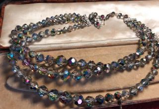 Vintage Signed Laguna Ab Carnival Crystal Triple Strand Necklace