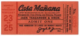 Vintage Nightclub Admission Ticket: Jack Teagarden & Orchestra [culver City,  Ca]
