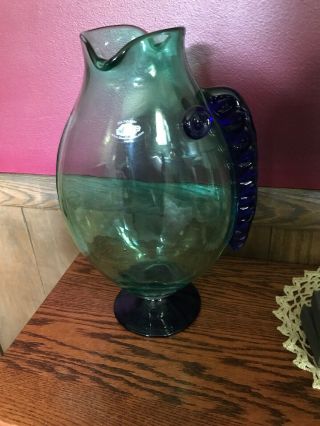 Vintage Blenko Glass Fish Vase Decanter Pitcher 9223 13 " Tall Blue Green Art
