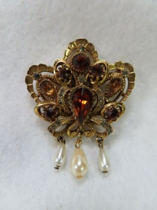 Vtg Victorian Style Gold Tone Rhinestone Faux Pearls Brooch Signed Art