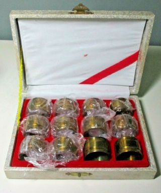 Set Of 12 Vintage Solid Brass Napkin Rings In Case