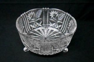 Clear Cut Etched Glass Candy Nut Dish Tri - Footed Floral Leaves Vintage