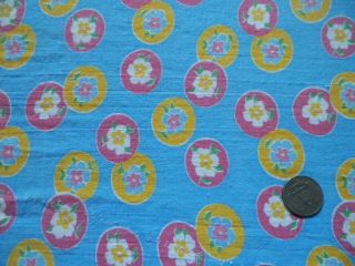 Vtg Feedsack Lt Blue Pink Yellow Circle Center Flower Cotton Fabric 37 " X 43 "