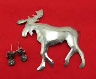 Vintage Zirkus Moose Brooch & Sterling Silver Pierced Earrings Marcasites 851h