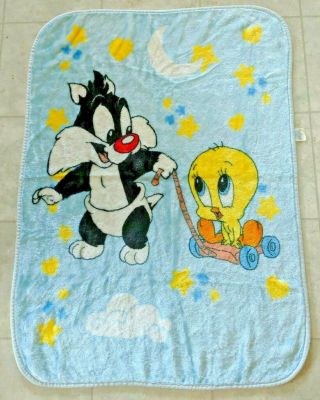 Vtg Baby Looney Tunes Sylvester Tweety Bird Blanket Blue Throw 1999 Soft Lovey
