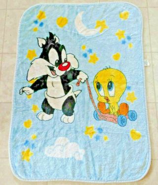 Vtg Baby Looney Tunes Sylvester Tweety Bird Blanket Blue Throw 1999 Soft Lovey 2