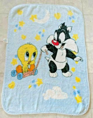 Vtg Baby Looney Tunes Sylvester Tweety Bird Blanket Blue Throw 1999 Soft Lovey 3