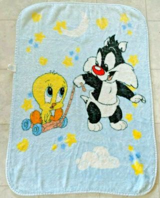 Vtg Baby Looney Tunes Sylvester Tweety Bird Blanket Blue Throw 1999 Soft Lovey 4