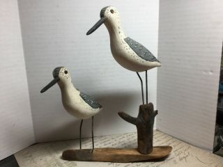 2 Vintage Old Hand Carved White Painted Wood Metal Feet Sea Birds Beach Cottage