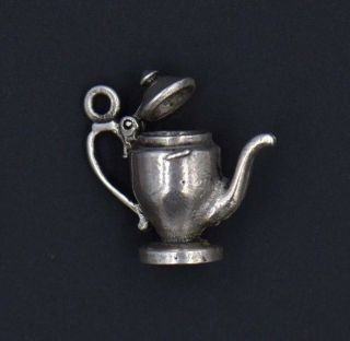 Vintage Teapot Tea Pot Coffee 3d Sterling Silver Charm Handle Curved Lid Moves