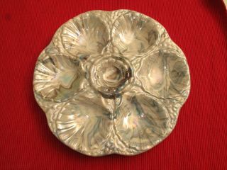 Vtg Opalescent Pearly Ceramic Oyster Dish Artist Signed Marys Ceramic Studio Mcm