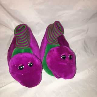 Vintage Barney The Dinosaur Bedroom Plush Slippers Kids Child Size L 9 - 10