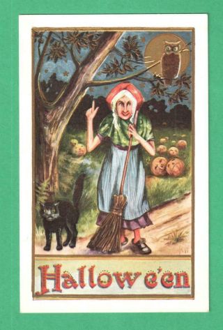 Vintage Signed Halloween Postcard Witch Black Cat Owl Moon Jol 