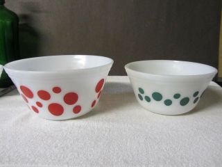 2 Vintage Federal Milk Glass Mixing Bowls Red Polka Dots 8 " & 7 " Green