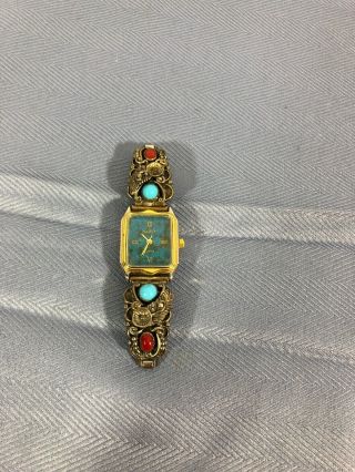 Vintage Stc Native American Sterling Squash Blossom Coral Turquoise Watch Band