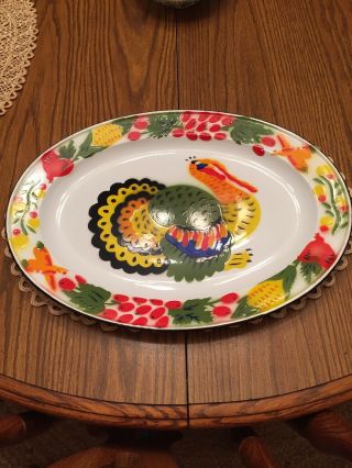 Vintage Colorful Enamelware Metal Thanksgiving Turkey Platter - 17.  75 " Wide