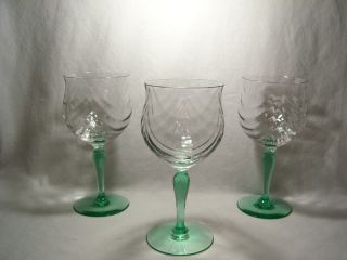 3 Vintage Tiffin Green Stem Clear Festoon Optic Bowl Water Goblets 6 5/8 " Tall