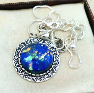 Vintage Stunning Blue Gold Glass Fire Opal Tibetan Silver Pendant Necklace