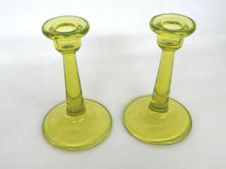 Vaseline Glass Yellow Green Vintage Candle Stick Holders 496b
