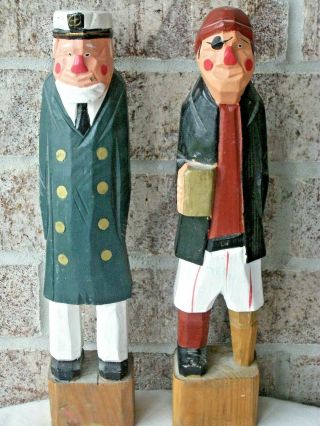 Vintage Hand Carved Wooden Sea Captain & Pirate Each 12  Tall