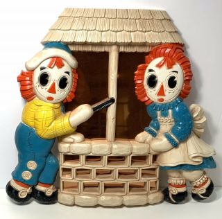 Vintage Raggedy Ann & Andy Wishing Well Wall Hanging With Copper Mirror 1977 Euc
