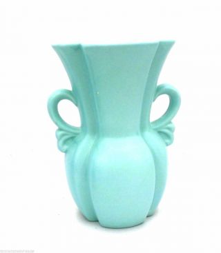 Vintage Art Deco Pottery Vase Matte Aquamarine Blue Eared 9 " Tall Shabby Chic