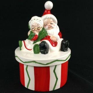 Vtg Cookie Treat Lidded Dish Jar By Lefton Christmas Santa & Mrs Claus Japan