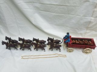 Vintage Cast Iron Beer Wagon 8 Clydesdale Horses Drivers Dog And Kegs Budweiser