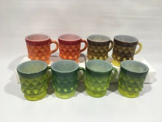 Vintage Fire King Milk Glass Kimberly Mugs Ombre Green,  Orange & Yellow Set Of 8