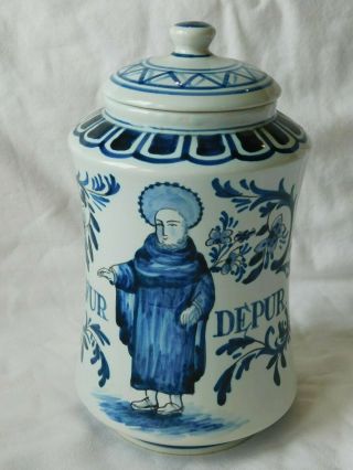 Vintage Oud Apothecary Delft Hand - Painted Holland Canister W/lid Sulfur Depur.