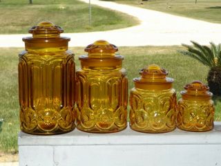 Vintage LE Smith AMBER MOON & STARS 4 Piece CANISTER SET 40 ' s 50 ' s 60 ' s Glass 2