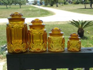 Vintage LE Smith AMBER MOON & STARS 4 Piece CANISTER SET 40 ' s 50 ' s 60 ' s Glass 3