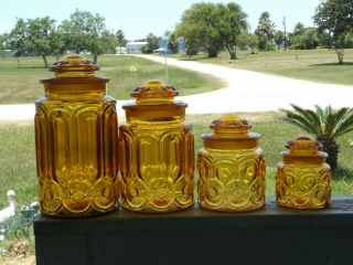 Vintage LE Smith AMBER MOON & STARS 4 Piece CANISTER SET 40 ' s 50 ' s 60 ' s Glass 4