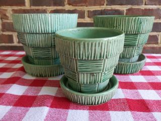 Vintage Mccoy Pottery Planter Pot Saucer Basket Weave Pattern Green Three