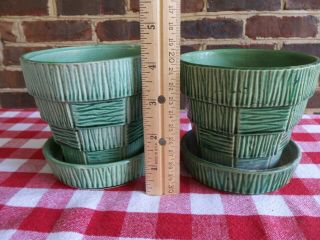 VINTAGE McCOY Pottery Planter Pot Saucer Basket Weave Pattern Green THREE 3
