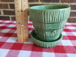 VINTAGE McCOY Pottery Planter Pot Saucer Basket Weave Pattern Green THREE 4