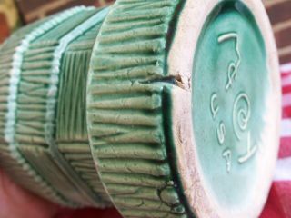 VINTAGE McCOY Pottery Planter Pot Saucer Basket Weave Pattern Green THREE 6