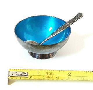 Vintage Meka Denmark Silver & Blue Enamel Salt Bowl & Spoon -