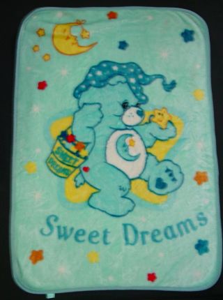 Vintage Care Bears Blanket Fleece Blue Sweet Dreams Bedtime Bear