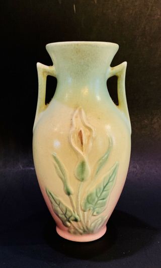 Vintage Hull Double Handle Calla Lily Vase 10/33 8 " Tall Green Yellow And Pink