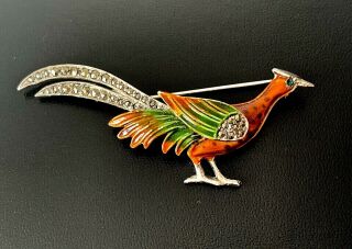 Vintage Designer Bjl - Enamel & Marcasite Pheasant Bird Brooch