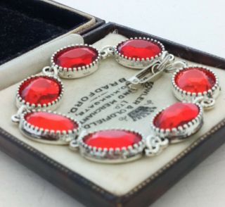 Vintage - 1950s Faceted Red Mirror Glass Small Oval Cabochon Bracelet 2