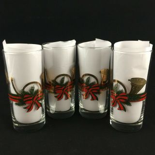 Set Of 4 Vtg Tall Cooler Glasses By Culver Yule Horn Christmas Gold Tom Collins