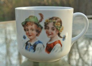 Vintage Big Bavarian Porcelain Mug With German Girl & Boy