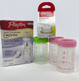 3 Vintage Playtex Nurser Bottles 4oz Clear W Nipples And Drop In No Lid