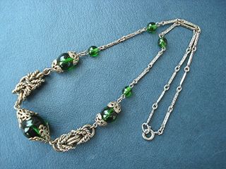 Art Deco Bengel Necklace Deep Green Glass Beads & Chrome Rings Vintage C1930s