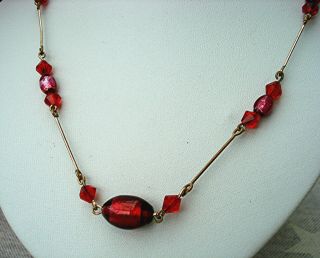 Art Deco Raspberry Red Oval Foil Glass Beads On Gold Wire Necklace Vintage 1930s
