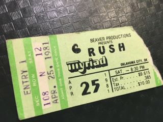 Vtg 1981 Rush Rock Concert Ticket Stub Myriad Okc Oklahoma 80s