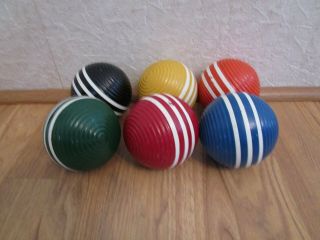 Set Of 6 Vintage 3 " Wooden Ribbed Stiped Croquet Balls