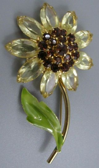 High End Vintage Jewelry Burnt Amber Stacked Flower Brooch Pin Rhinestone O